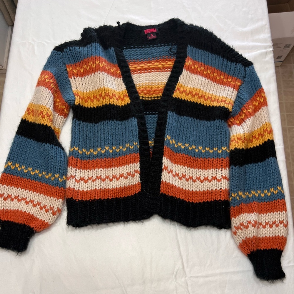 Oversized V-Neck Stripe Knit Cardigan - Blue/Orange/Black